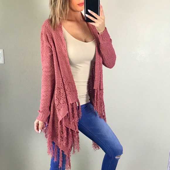 -Dusty Rose Knit Fringe Cardigan- - Picture 2 of 4